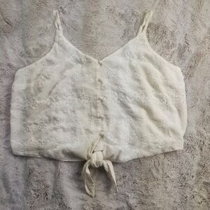American Eagle Tie Front Crop Tank Women's Large White Eyelet Button Up NWT